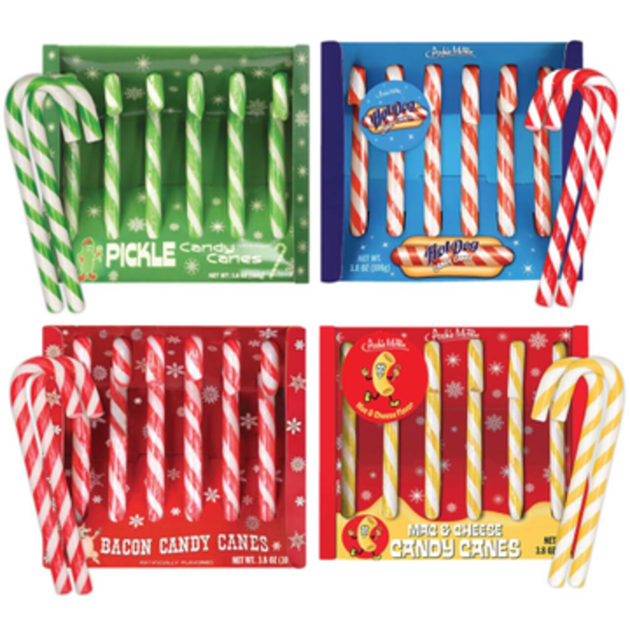 Archie McPhee Candy Canes - Pickle, Hot Dog, Bacon and Mac n Cheese Flavors - Satisfy Your Curiosity with Weird Candy Cane Flavors for Unusual Food Lovers and Coworker Gifts